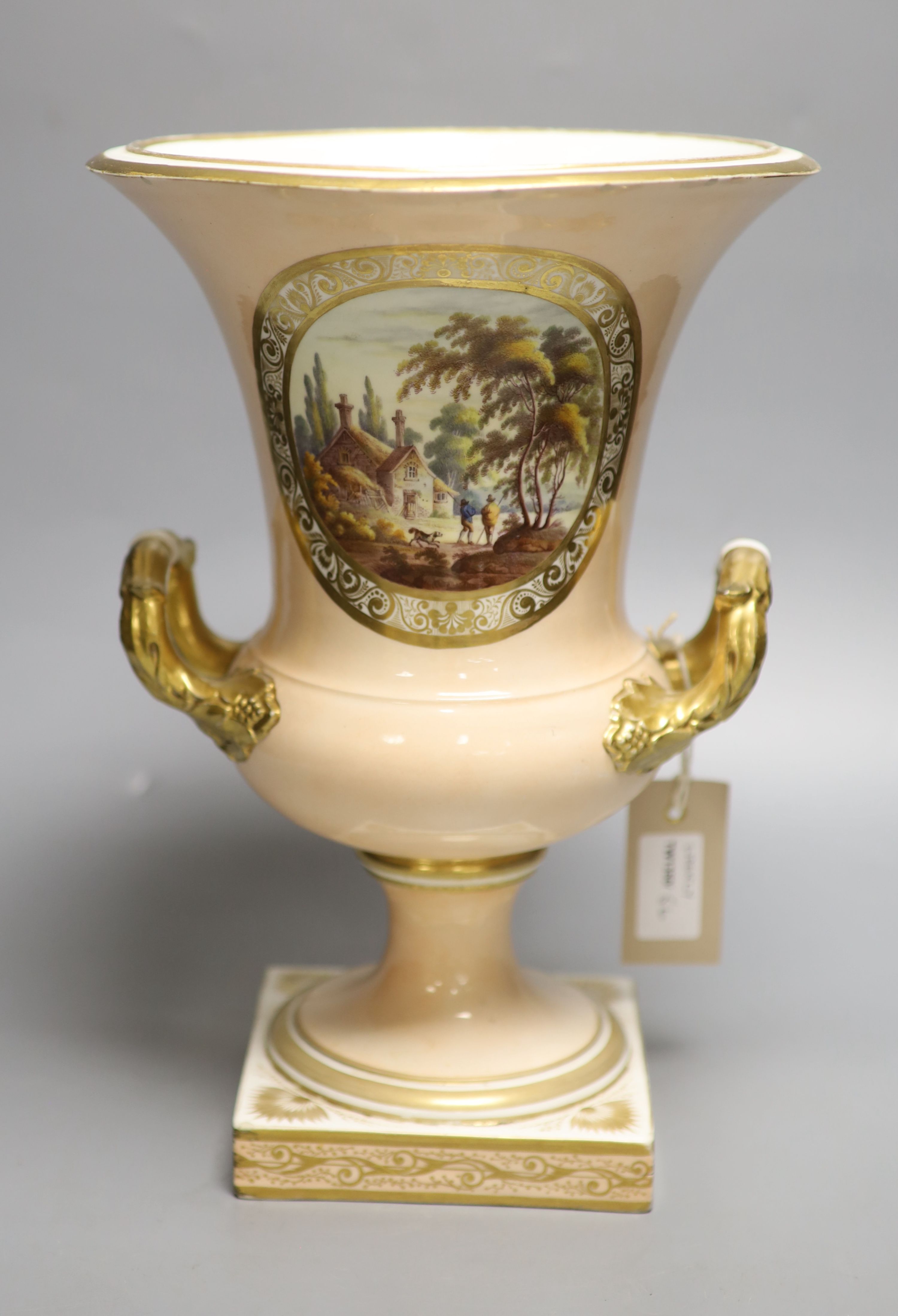 A Derby campana-shaped urn with landscape in reserve, Nr Worcester, height 31cm